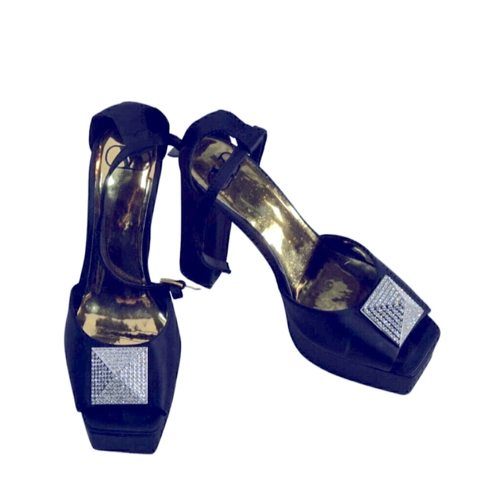 Valentino Square Toe Black Satin W/Crystal Embellishment/ Block Heel-Brand new